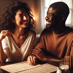 A couple sitting at a romantic dinner table, creating a playful 'sexual menu' together. They are smiling and discussing their preferences, with a menu layout visible in front of them, set in a warm and cozy ambiance.