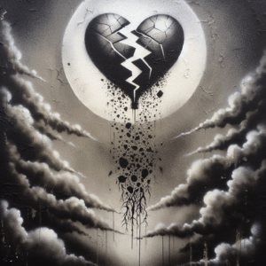 A dark, abstract depiction of a broken heart floating away like a balloon, with shadows representing emotional turmoil and confusion, in the style of Banksy, symbolizing the concept of a disappearing relationship.