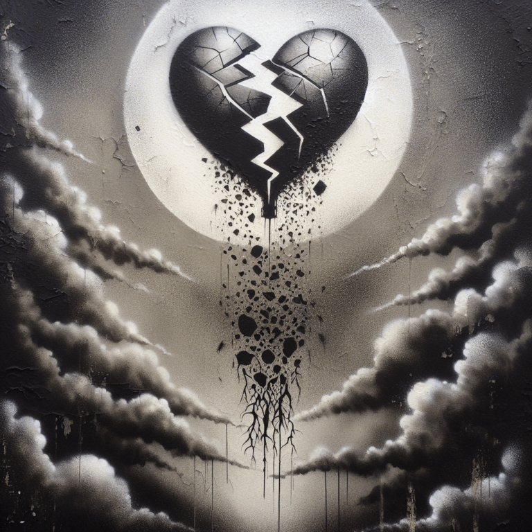 A dark, abstract depiction of a broken heart floating away like a balloon, with shadows representing emotional turmoil and confusion, in the style of Banksy, symbolizing the concept of a disappearing relationship.