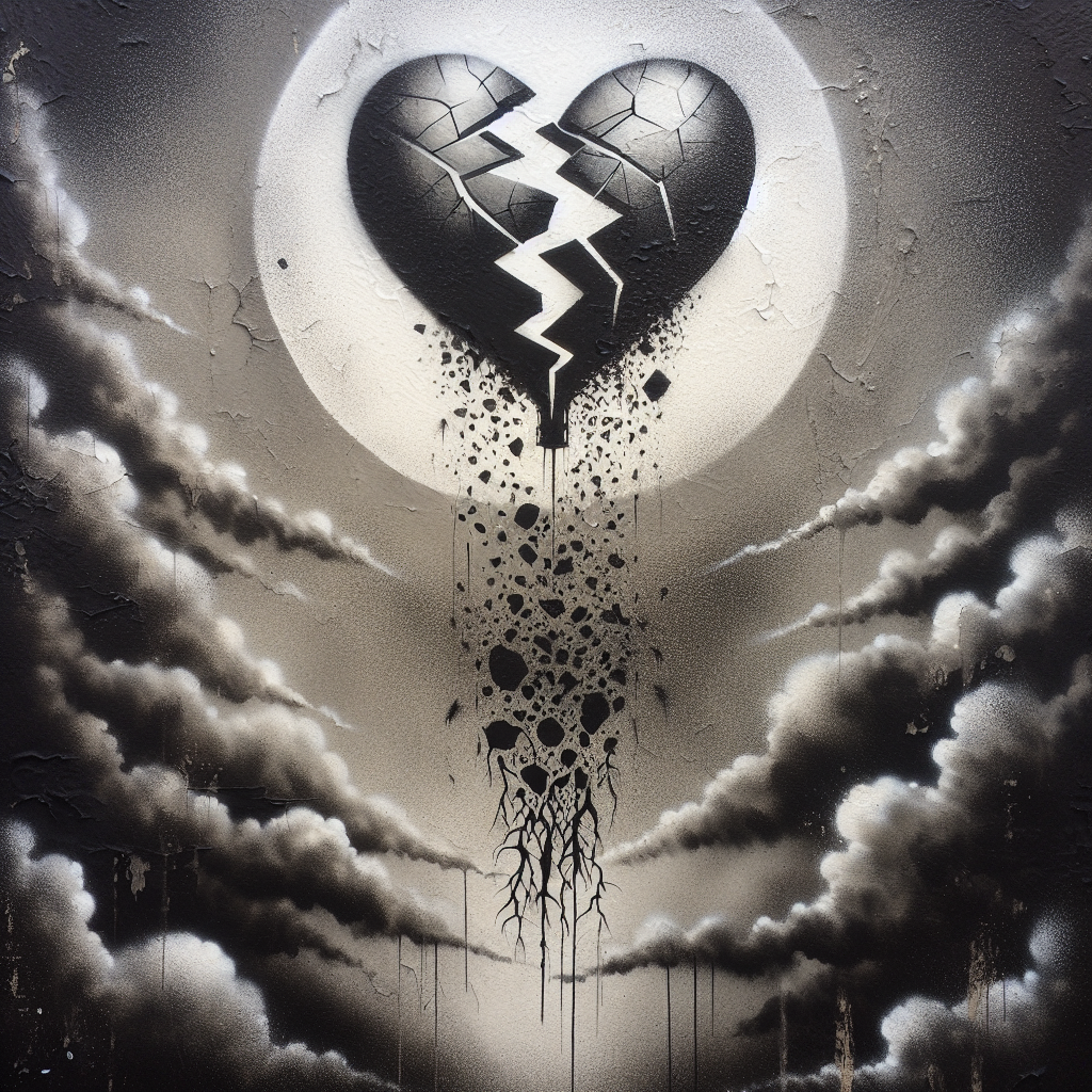 A dark, abstract depiction of a broken heart floating away like a balloon, with shadows representing emotional turmoil and confusion, in the style of Banksy, symbolizing the concept of a disappearing relationship.
