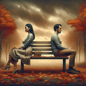 A couple sitting silently on a park bench, each looking in opposite directions, symbolizing emotional distance and the end of a relationship. The setting is an autumn park with falling leaves and a cloudy sky, capturing a melancholic yet peaceful mood.