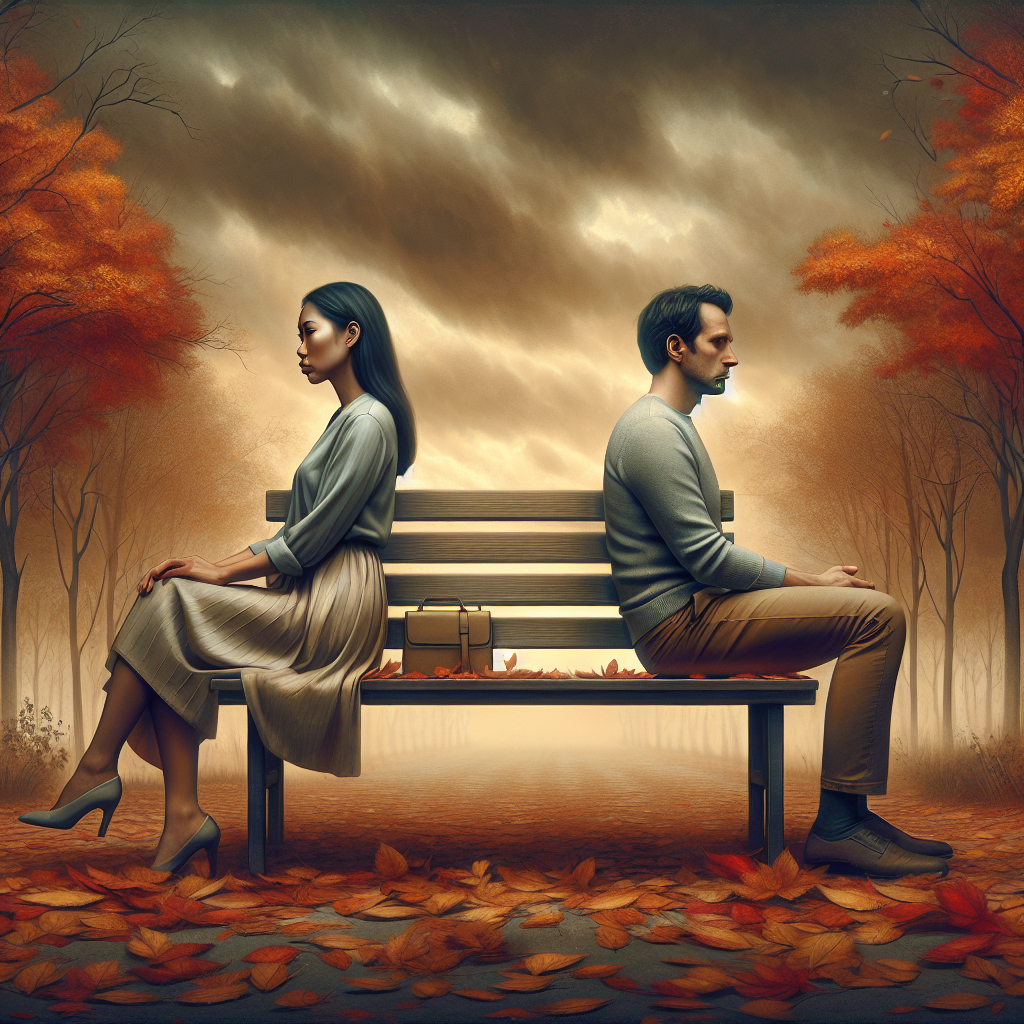 A couple sitting silently on a park bench, each looking in opposite directions, symbolizing emotional distance and the end of a relationship. The setting is an autumn park with falling leaves and a cloudy sky, capturing a melancholic yet peaceful mood.