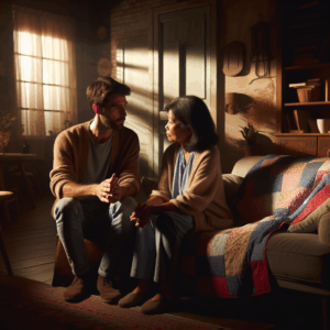 A couple in a serene, understanding conversation at home, with warm lighting and a cozy setting, illustrating emotional connection and communication.