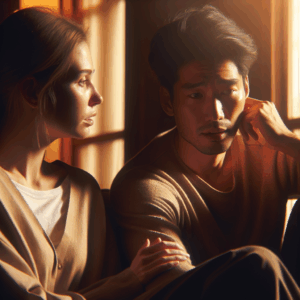 A couple sitting in a cozy room with warm lighting. The woman is calmly talking to her partner, who looks slightly distressed but attentive, indicating a serious conversation about emotions. The setting is peaceful and intimate, reflecting understanding and empathy.