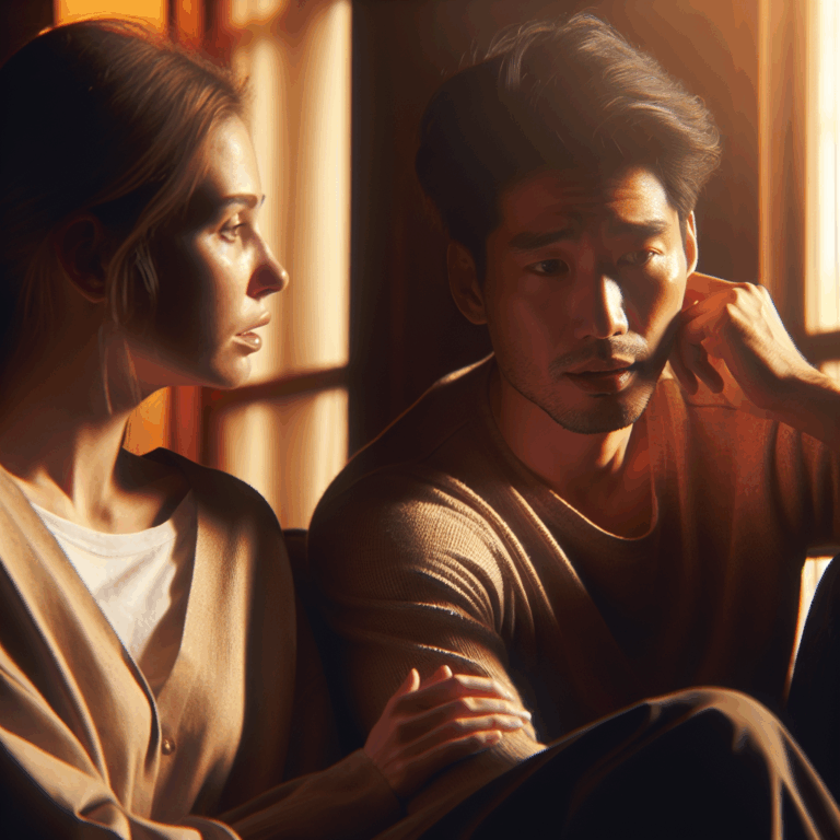 A couple sitting in a cozy room with warm lighting. The woman is calmly talking to her partner, who looks slightly distressed but attentive, indicating a serious conversation about emotions. The setting is peaceful and intimate, reflecting understanding and empathy.