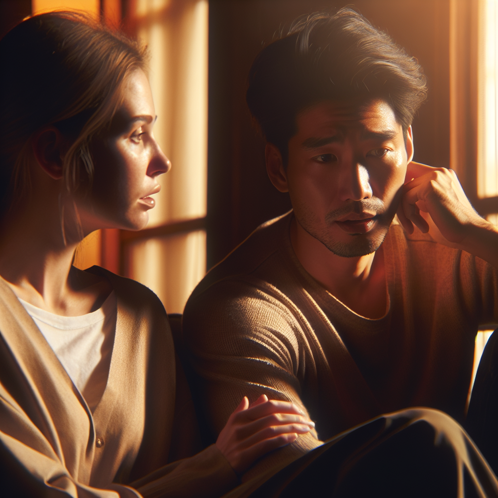 A couple sitting in a cozy room with warm lighting. The woman is calmly talking to her partner, who looks slightly distressed but attentive, indicating a serious conversation about emotions. The setting is peaceful and intimate, reflecting understanding and empathy.