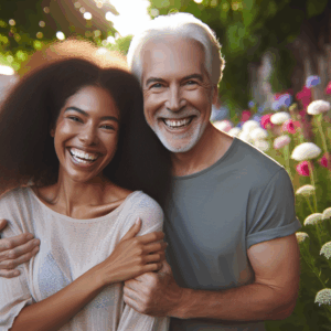 A diverse couple with a significant age difference enjoying a walk in a park, both smiling happily, surrounded by blooming flowers and gentle sunlight, symbolizing love transcending time.