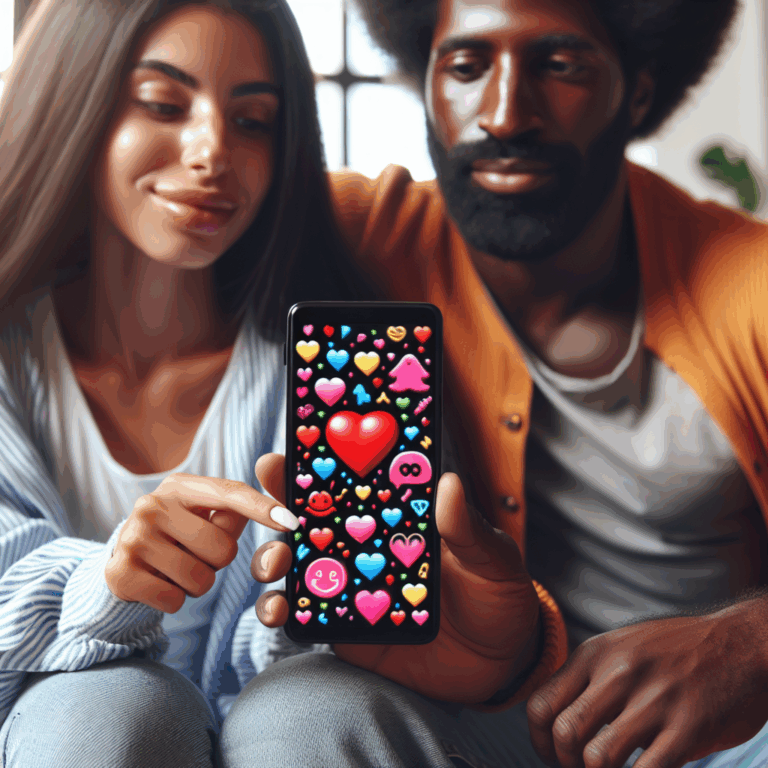 A couple sitting together on a sofa, using a smartphone. The screen shows a vibrant app interface with hearts and playful icons, symbolizing relationship apps.