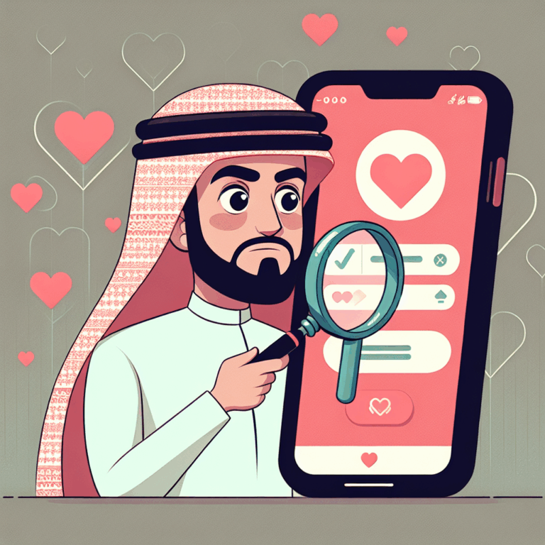 An illustration of a person holding a magnifying glass over a smartphone screen showing a dating app interface. The background shows a subtle heart pattern indicating relationship and suspicion themes.