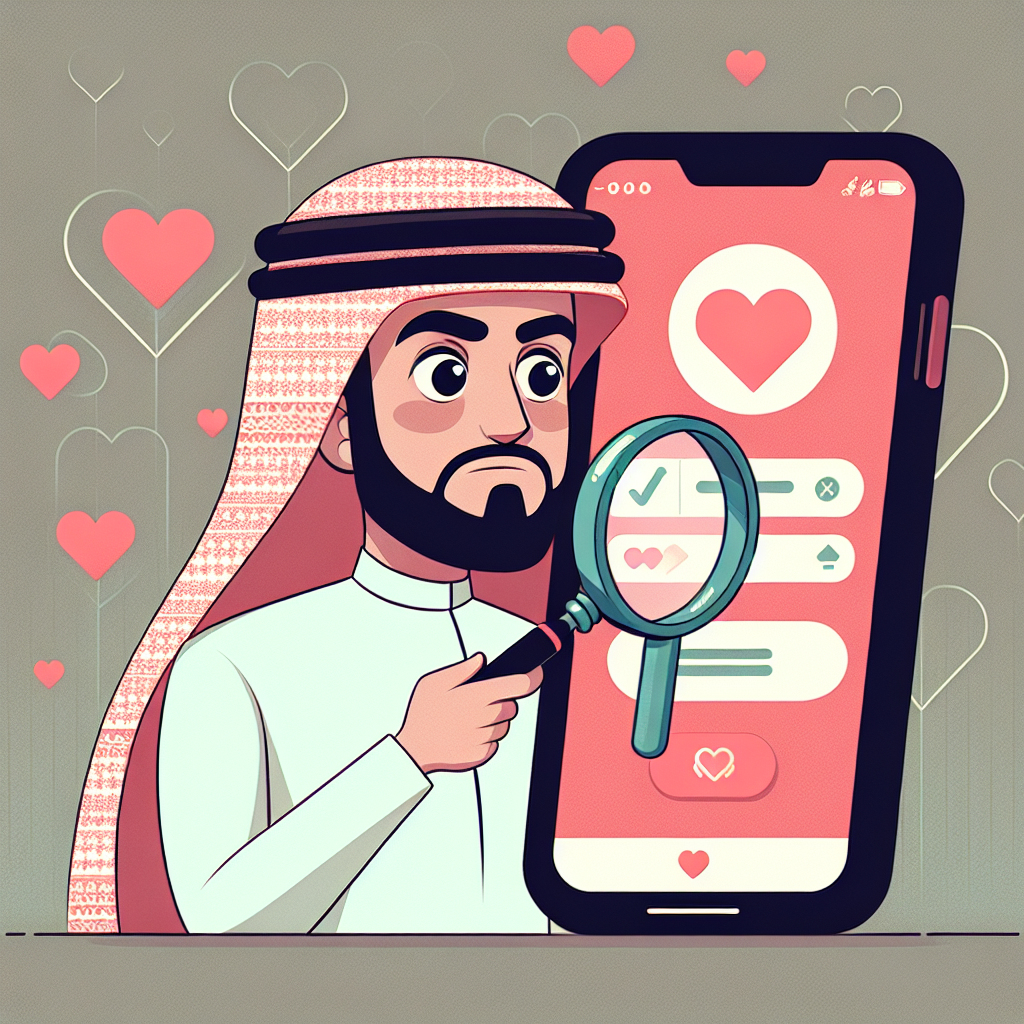 An illustration of a person holding a magnifying glass over a smartphone screen showing a dating app interface. The background shows a subtle heart pattern indicating relationship and suspicion themes.