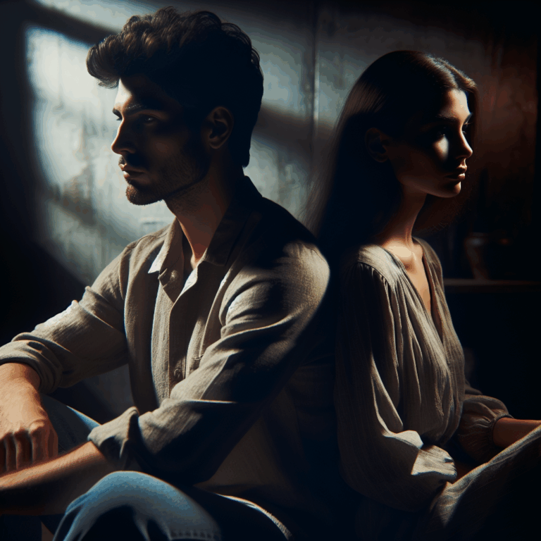 A thoughtful couple sitting back to back, looking away from each other, in a dimly lit room with a tense atmosphere, symbolizing emotional distance and contemplation.