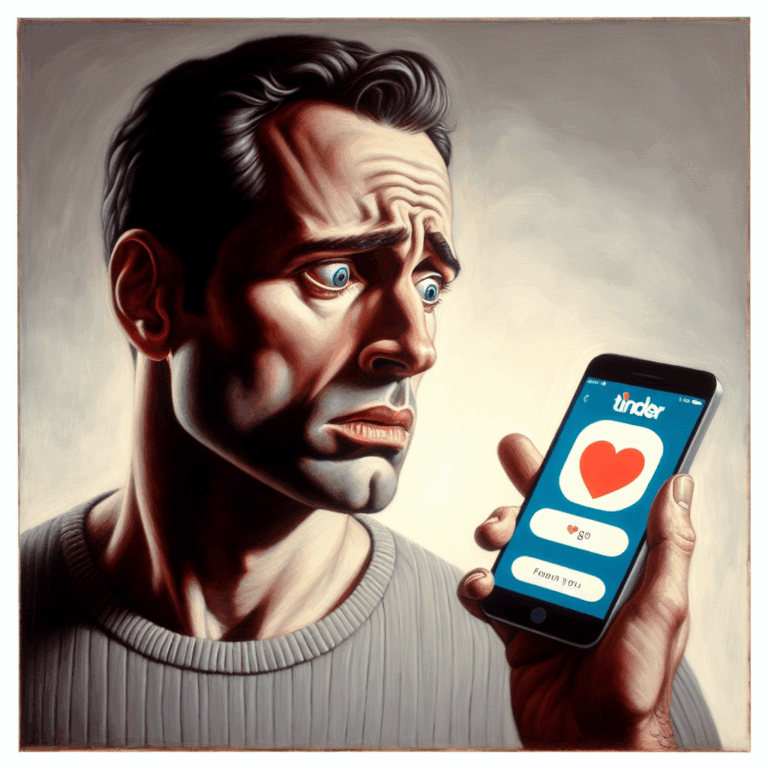 A worried person glancing at a Tinder app icon on a smartphone, with an intense and skeptical expression, capturing the essence of suspicion in modern relationships.