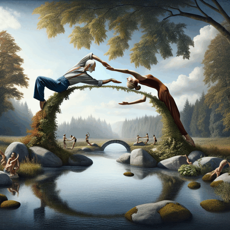 An artistic and tasteful illustration of a couple attempting a complex, acrobatic sexual position, resembling a bridge, in a romantic and harmonious setting. The image should convey the themes of challenge and intimacy without explicit detail.