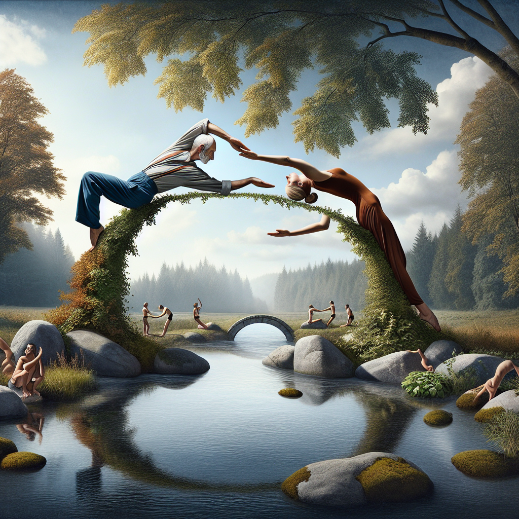 An artistic and tasteful illustration of a couple attempting a complex, acrobatic sexual position, resembling a bridge, in a romantic and harmonious setting. The image should convey the themes of challenge and intimacy without explicit detail.