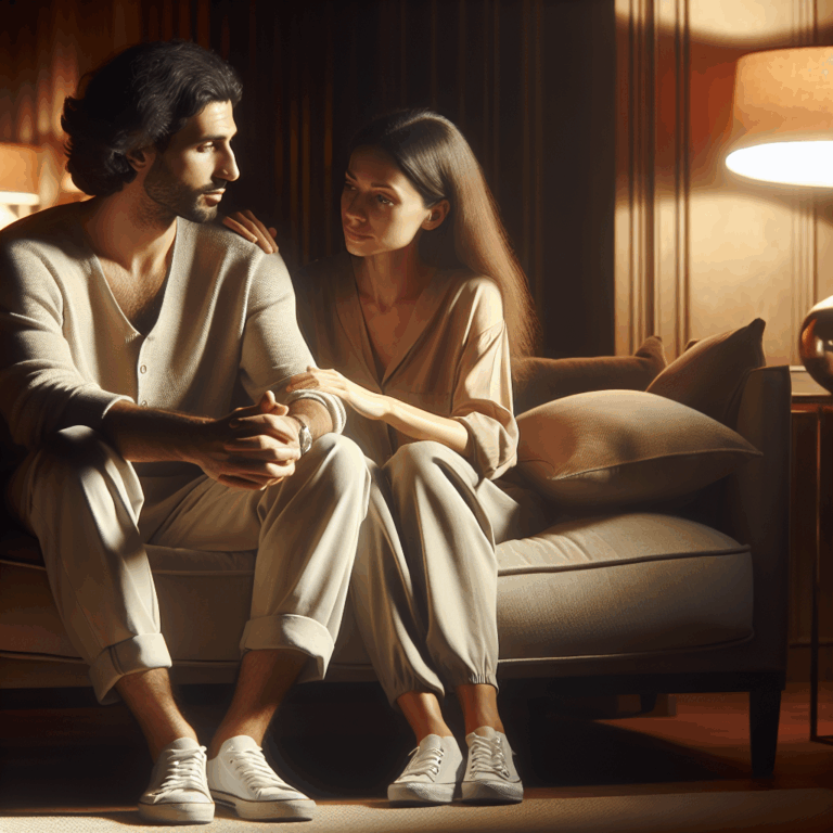 A thoughtful image of a couple sitting together, calmly discussing their relationship, in a cozy living room setting with soft lighting, conveying a sense of understanding and empathy.