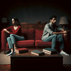 A couple sitting on opposite ends of a couch, looking away from each other with a somber expression, symbolizing emotional distance and the end of a relationship.