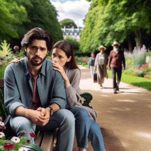 A couple sitting on a park bench. The man looks anxious and glances at a group of people passing by, while the woman gently holds his hand, whispering reassuring words. A backdrop of a serene park with trees and flowers, capturing a moment of emotional connection and understanding in a relationship.