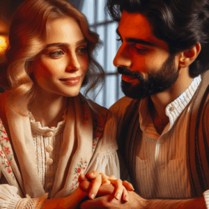 A romantic scene with a couple sitting at a café, the woman gazing affectionately at the man. Soft lighting creates a warm atmosphere, highlighting expressions of love and curiosity.