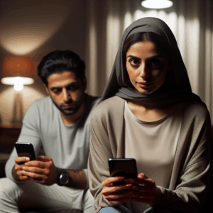 A woman holding a phone, looking suspiciously at her partner who seems absorbed in his own phone, set in a modern living room with subtle lighting, symbolizing digital infidelity and suspicion.