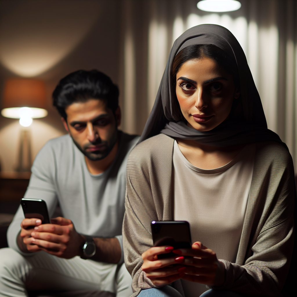 A woman holding a phone, looking suspiciously at her partner who seems absorbed in his own phone, set in a modern living room with subtle lighting, symbolizing digital infidelity and suspicion.