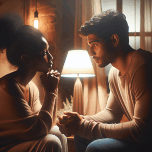 An introspective and emotional image of a couple having a deep conversation at home, both appearing thoughtful and connected, symbolizing the importance of communication in relationships. The ambiance should be warm and inviting, with soft lighting enhancing the intimacy between the couple.