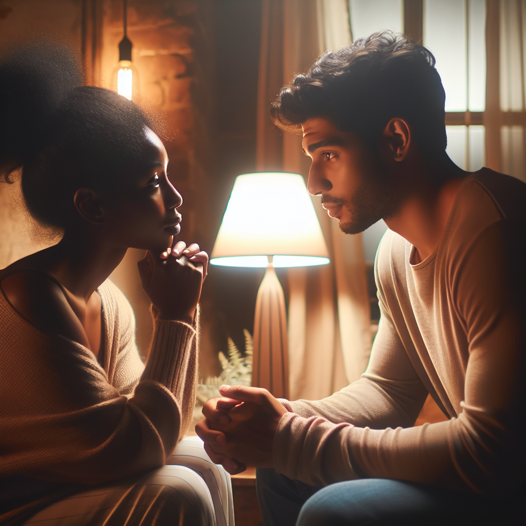 An introspective and emotional image of a couple having a deep conversation at home, both appearing thoughtful and connected, symbolizing the importance of communication in relationships. The ambiance should be warm and inviting, with soft lighting enhancing the intimacy between the couple.