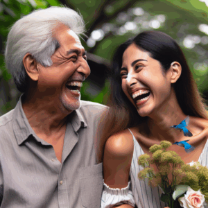 A romantic couple with a significant age difference sharing a moment of laughter, surrounded by nature, depicting a harmonious relationship despite age disparities.