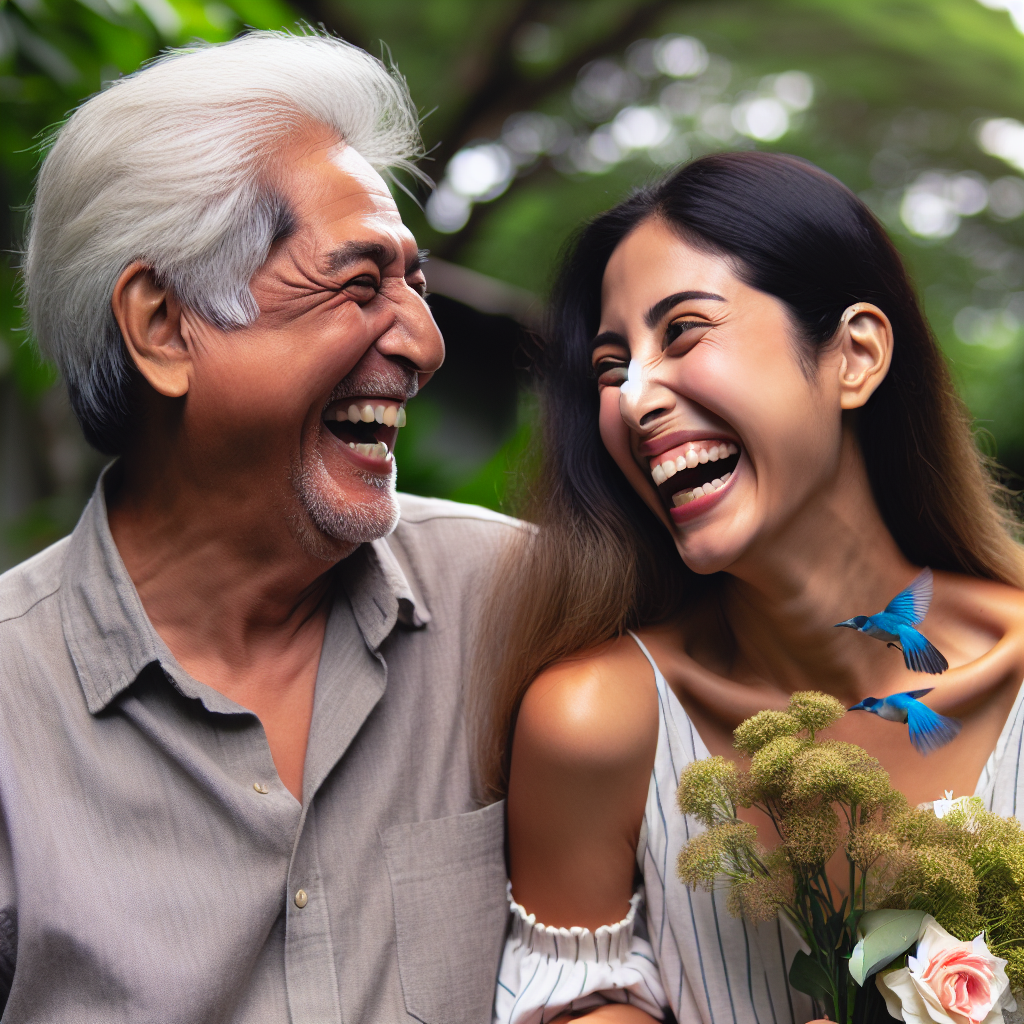 A romantic couple with a significant age difference sharing a moment of laughter, surrounded by nature, depicting a harmonious relationship despite age disparities.