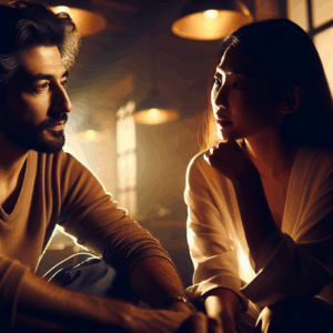 A serene couple having a deep conversation, subtly highlighting differences in emotional expressions, in a warmly lit environment.