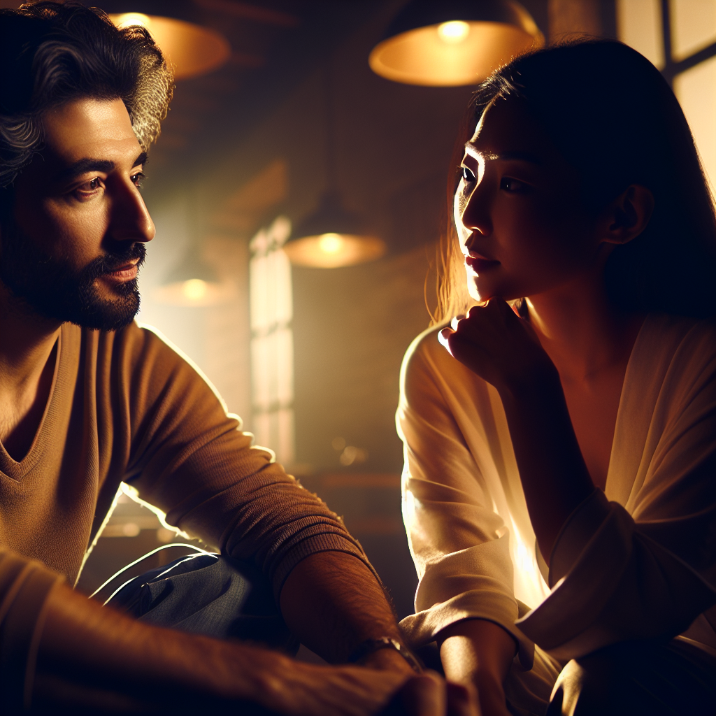 A serene couple having a deep conversation, subtly highlighting differences in emotional expressions, in a warmly lit environment.