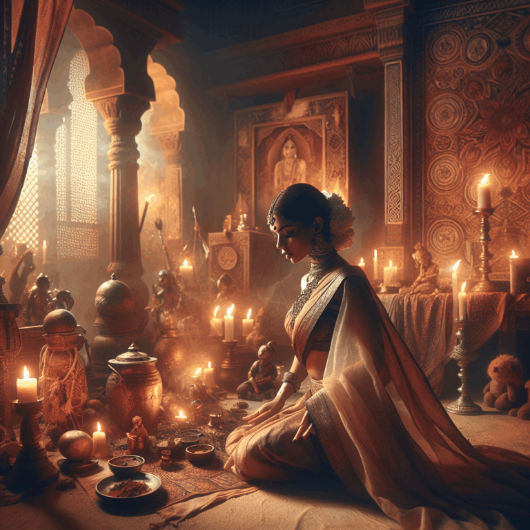 A serene and sensual depiction of an ancient Indian setting, showcasing an intimate and mystical atmosphere. The scene should include subtle elements symbolizing feminine strength and connection, such as soft fabrics, warm lighting, and intricate traditional patterns that convey an ancient practice rediscovered.