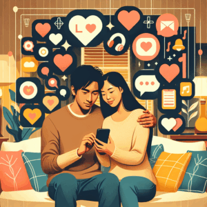 A romantic couple using a smartphone together in a cozy setting, surrounded by icons representing love and mobile app features.