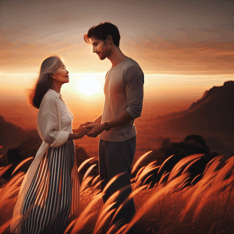 A romantic couple of different ages, symbolizing love beyond age differences, set in a beautiful sunset landscape.