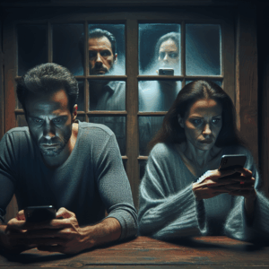 A worried couple sitting at a table, each on their smartphone, in a softly lit room. The atmosphere is tense, with visible uncertainty and suspicion in their expressions, reflecting concerns about fidelity in the digital age. The image should highlight the couple's emotional disconnect and the presence of technology as a barrier between them.