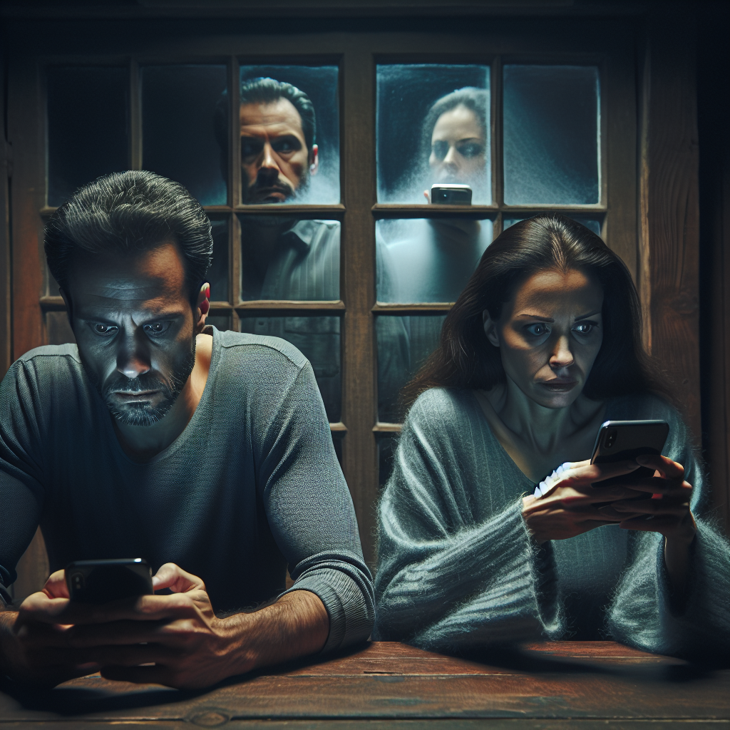 A worried couple sitting at a table, each on their smartphone, in a softly lit room. The atmosphere is tense, with visible uncertainty and suspicion in their expressions, reflecting concerns about fidelity in the digital age. The image should highlight the couple's emotional disconnect and the presence of technology as a barrier between them.