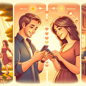 A romantic illustration showing a couple exchanging sweet text messages throughout the day, with playful and loving expressions, symbolizing constant affection and connection.