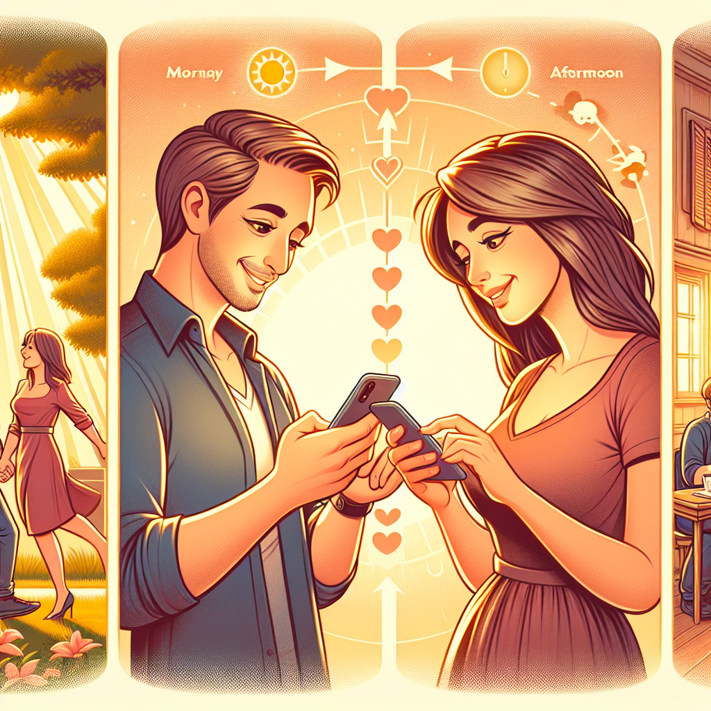 A romantic illustration showing a couple exchanging sweet text messages throughout the day, with playful and loving expressions, symbolizing constant affection and connection.