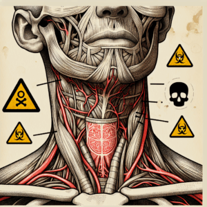 A detailed and educational illustration showing the anatomy of the neck with an overlay of caution symbols, highlighting potential risks associated with erotic asphyxiation, in a style similar to a medical illustration.