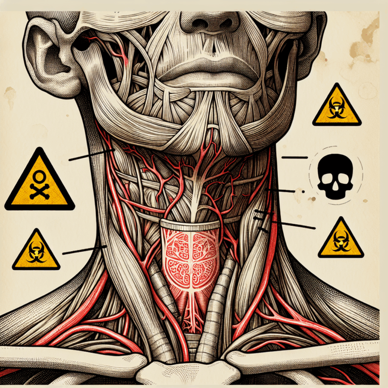 A detailed and educational illustration showing the anatomy of the neck with an overlay of caution symbols, highlighting potential risks associated with erotic asphyxiation, in a style similar to a medical illustration.