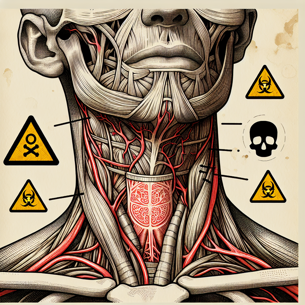 A detailed and educational illustration showing the anatomy of the neck with an overlay of caution symbols, highlighting potential risks associated with erotic asphyxiation, in a style similar to a medical illustration.
