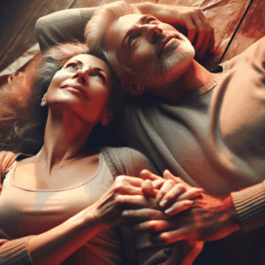 A vibrant and intimate illustration depicting a mature couple blissfully enjoying a mutual moment in the missionary position. The focus should be on emotional connection, with warm colors and soft lighting to evoke a feeling of romance and comfort.