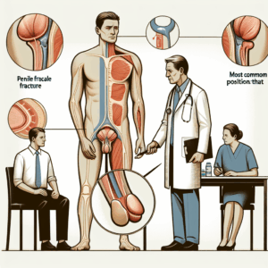 An informative illustration showing the anatomy of a 'broken' penis, highlighting the common positions leading to injury. Insert a doctor advising a couple with a concerned look while maintaining a professional and educational tone.