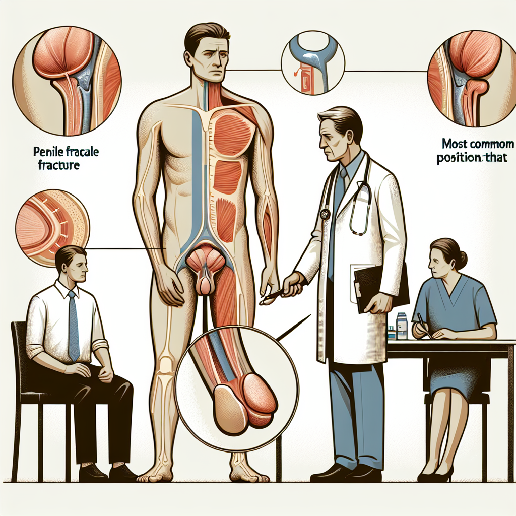 An informative illustration showing the anatomy of a 'broken' penis, highlighting the common positions leading to injury. Insert a doctor advising a couple with a concerned look while maintaining a professional and educational tone.