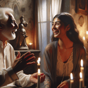 A diverse couple, showing a significant age difference but sharing a joyful and harmonious moment, in a serene and intimate setting.