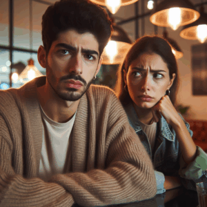 A thoughtful couple sitting at a cafe, one person looking slightly annoyed while the other seems confused. The background shows a cozy and modern environment, with soft, warm lighting.