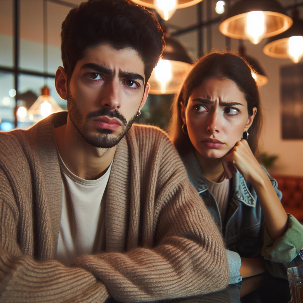 A thoughtful couple sitting at a cafe, one person looking slightly annoyed while the other seems confused. The background shows a cozy and modern environment, with soft, warm lighting.