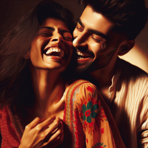 A couple softly bathed in warm light, laughing and playfully biting each other. The setting is intimate and romantic, capturing the quirkiness of love and human emotions. The image should express tenderness and affection.