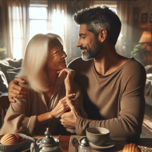A cozy couple sitting at a breakfast table, exchanging loving and gentle gestures, surrounded by a warm and inviting home ambiance. The image should capture a moment of tenderness and affection, embodying the concept of micromance in daily life.
