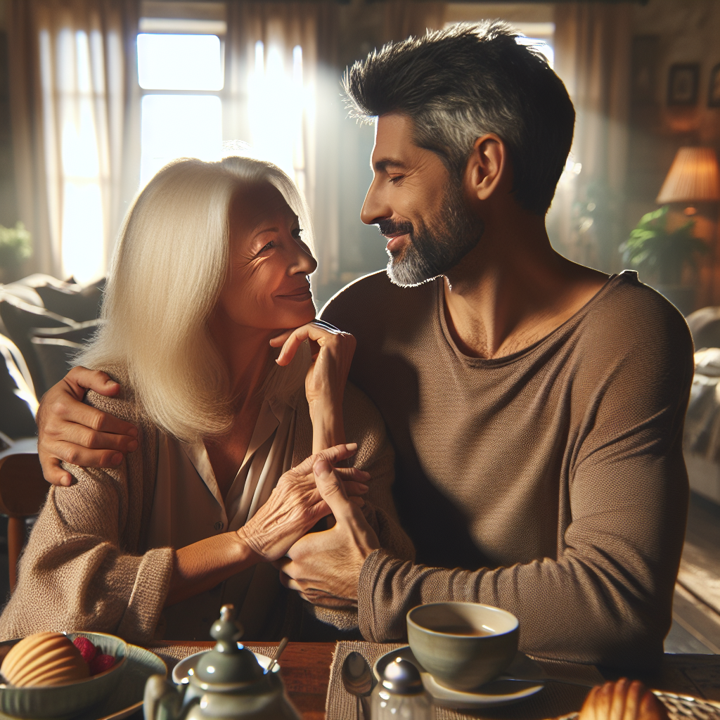 A cozy couple sitting at a breakfast table, exchanging loving and gentle gestures, surrounded by a warm and inviting home ambiance. The image should capture a moment of tenderness and affection, embodying the concept of micromance in daily life.
