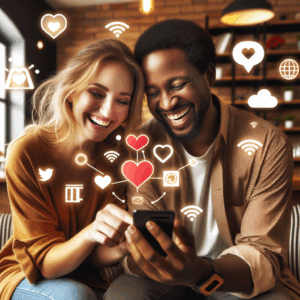 Image d'un couple heureux interagissant avec un smartphone, entouré d'icônes symbolisant les relations amoureuses et la technologie, ambiance chaleureuse et moderne.